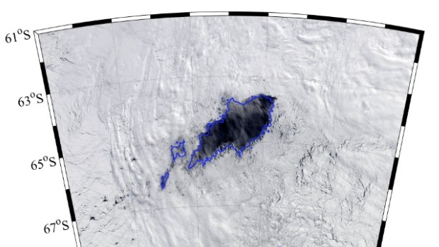 A close-up of the Maud Rise or Weddell Sea Polynya east of the Antarctic Peninsula.
