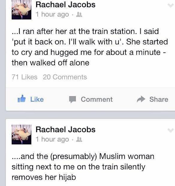 The message posted on Rachael Jacobs' Facebook page.