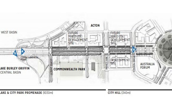 Plans released by the National Capital Authority this week showing the development sites at West Basin and on London Circuit on either side of Commonwealth Avenue. The clover-leaf off ramps are to be removed from Commonwealth Avenue, freeing up the land.