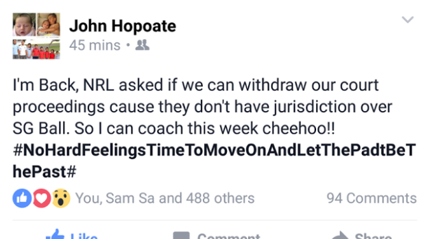 Misunderstanding: A Facebook post by John Hopoate