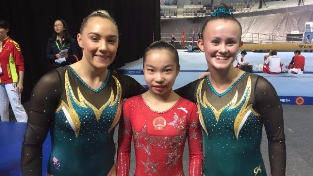 Canberra gymnast Naomi Lee, left, won bronze at a World Cup event in Melbourne.
