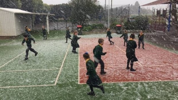 Snow and hail at St Mary's Primary School, Clarkes Hill, on Monday.