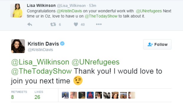 Kristin Davis sent Lisa Wilkinson a 'winky' emoji on Twitter after her train wreck turn on rival <i>Sunrise</i>.