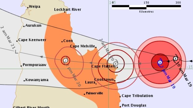 Cyclone Nathan track points to a category 4 storm when it crosses the coastline