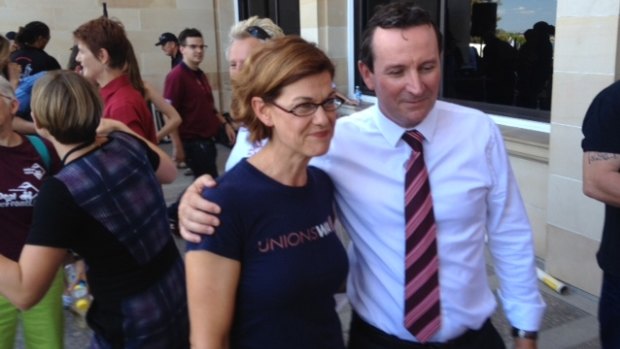 UnionsWA secretary Meredith Hammat with Opposition leader Mark McGowan.