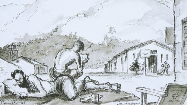 Albert Comber's sketch of the Australian officers' compound, Sulmona prisoner of war camp, Italy, 1942-43
