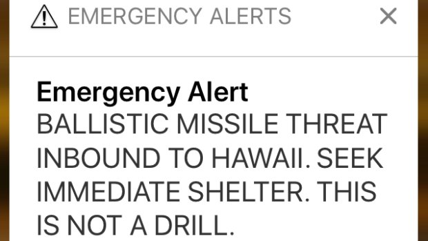 This smartphone screen capture shows a false incoming ballistic missile emergency alert sent from the Hawaii Emergency Management Agency system on Saturday, January 13, 2018.