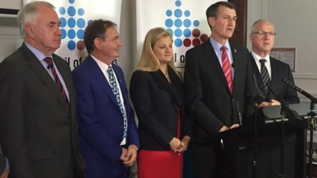 Olympics bid gathers steam for 2028, with mayors (from left), Paul Antonio (Toowoomba), Paul Pisasale (Ipswich), Karen Williams (Redlands), Graham Quirk (Brisbane) and Sunshine Coast's Mark Jamieson.