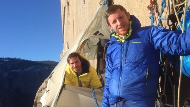 Two-week ascent ... Free climbers Kevin Jorgeson, left, and Tommy Caldwell on Dawn Wall in Yosemite National Park.