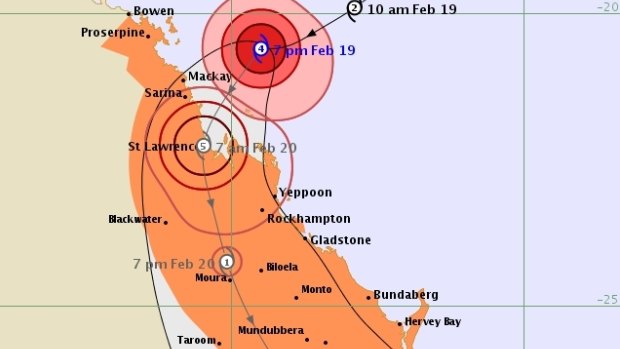 Tropical Cyclone Marcia's predicted path, as of 7pm on Thursday, February 19.