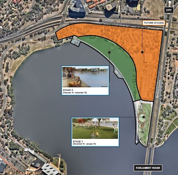 West Basin, showing the reclamation in green, 80 metres wide at its widest, Point Park at the bottom of the drawing, and future development in orange.
