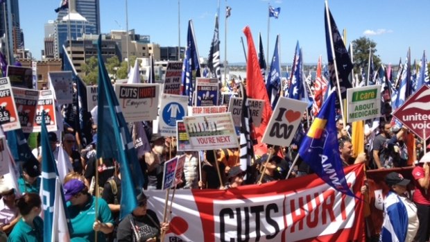 Unionists rally against Tony Abbott and Colin Barnett in Perth tonight.