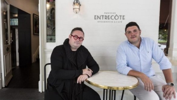 Restaurateur Jason M Jones and former investor Adam North at South Yarra brasserie Entrecote.