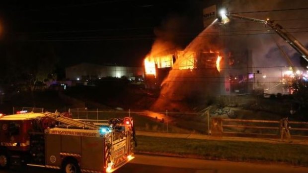 Firefighters battle a blaze at a disused go-karting complex in Sunshine North on Tuesday.