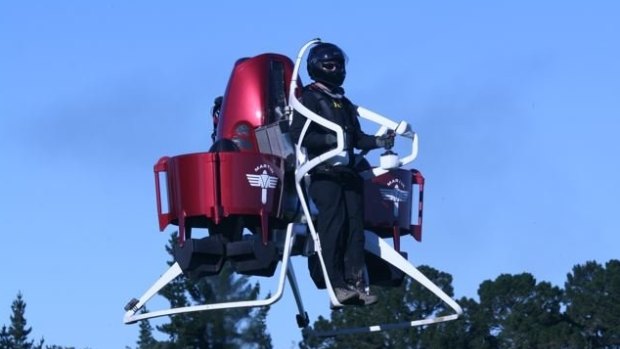 Martin Aircraft's P12 jetpack in action while the company has been valued at more than $100 million after its debut on the ASX.