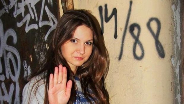 Neo-Nazi Olga Kuzkova on her page on Vkontakte, a Russian social media portal, with the numbers 14/88 that are code for "Heil Hitler".