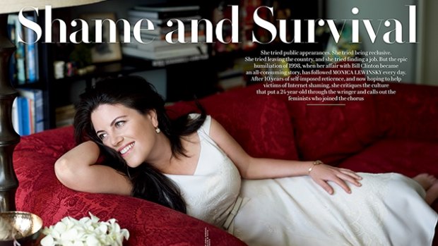 Wiser in white: Monica Lewinsky curls up on a couch for <i>Vanity Fair</i> magazine.