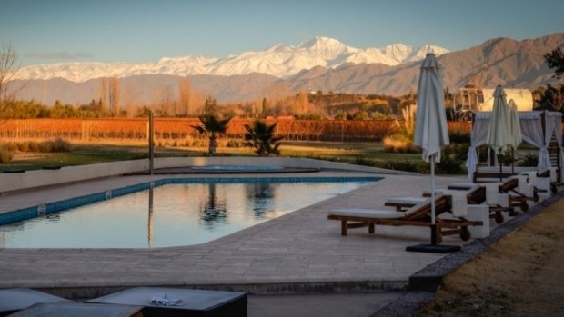 Snow-capped horizon: The pool at Entre Cielos has views of the grape vines and the mountains beyond.