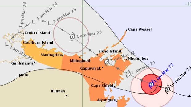 Cyclone Nathan's projected pathway from off the Northern Territory coast.