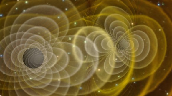 An illustration of gravitational waves produced by two orbiting black holes. 