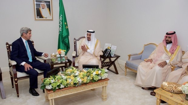 US Secretary of State John Kerry Sits With Saudi King Salman and Deputy Crown Prince Mohammad in Washington.