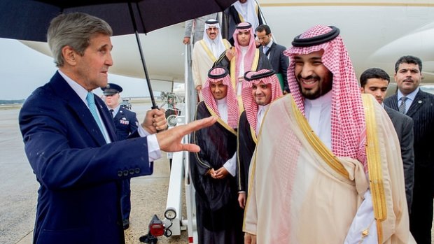 US Secretary of State John Kerry with Saudi King Salman, and Deputy Crown Prince Mohammad in Washington