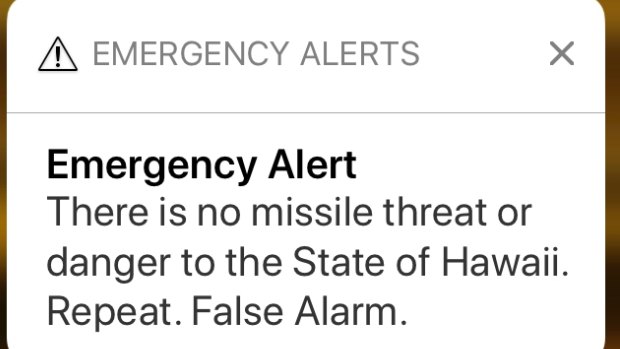 This smartphone screen capture shows the retraction of an incorrect incoming ballistic missile emergency.
