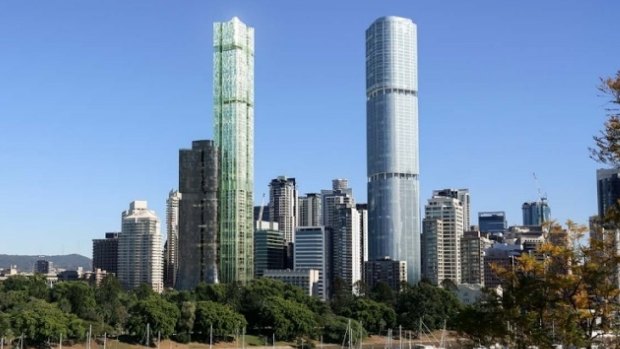 Both World Class Land's proposed tower (left) and the under-construction Skytower (right) will reach Brisbane's maximum 274-metre limit.