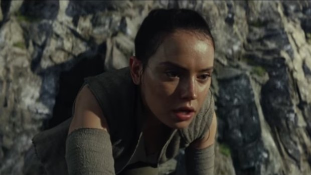 Rey (Daisy Ridley) in the opening of the trailer for The Last Jedi