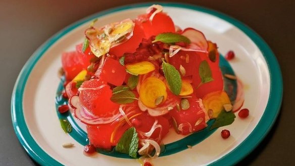 Fresh Mesa Verde's watermelon salad. Or try their ceviche with pickled peaches.
