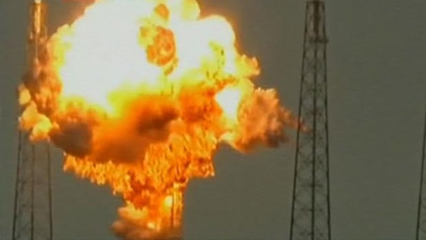 A big explosion at the Cape Canaveral space station during a launch of the SpaceX rocket.