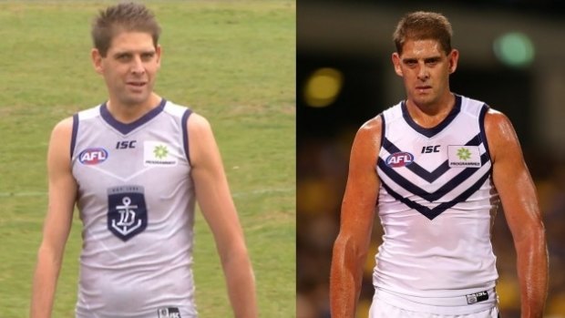 Aaron Sandilands at training on Friday (left) and after a game in April (right). 