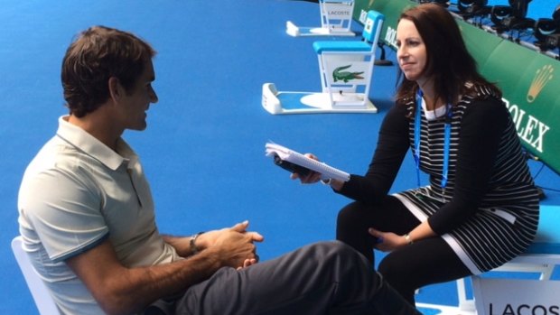 Cherished moments: Linda Pearce interviewing Roger Federer.