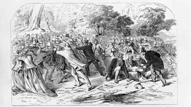 An artist's impression of the shooting of Prince Alfred at Clontarf, Sydney on March 12, 1868.  Alfred can be seen lying on the ground while the assailant, Henry O'Farrell, is restrained by the crowd. 