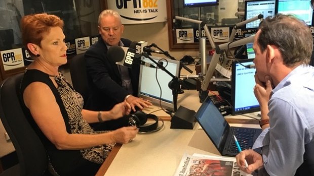 Senator Pauline Hanson does a radio interview on the campaign trail in Western Australia. 