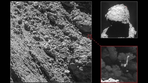 Image and close up showing the Philae lander wedged in a crack in the Comet 67P/Churyumov–Gerasimenko.