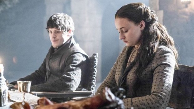 Sophie Turner as Sansa Stark with her sadistic husband Ramsay Bolton, played by Iwan Rheon.