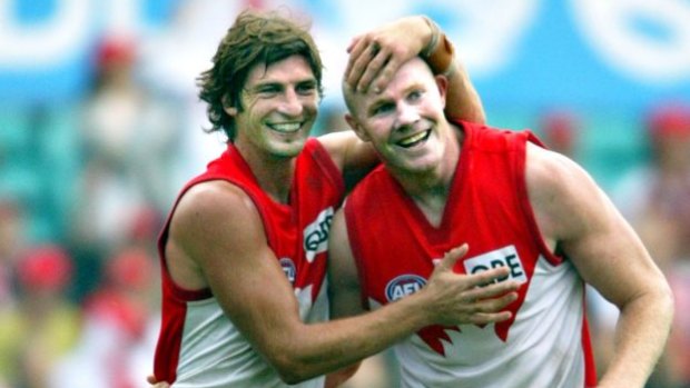 Swans glory days: Captain Brett Kirk and Barry Hall in 2004.