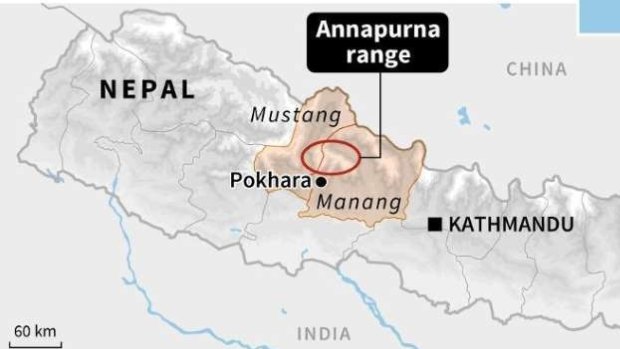 A map shows where the popular hiking trail Annapurna Circuit is located.