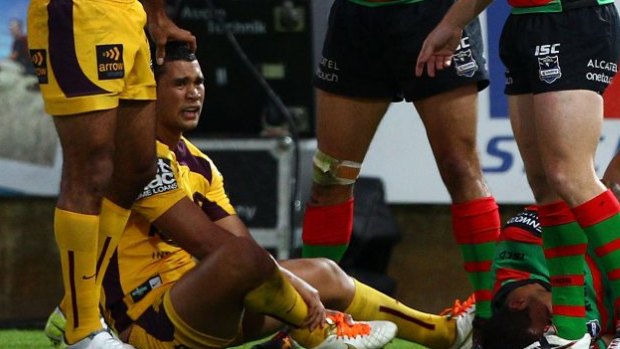 Career shattered: Jharal Yow Yeh breaks his leg against Souths.