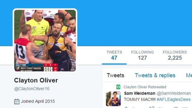 Melbourne player Clayton Oliver's new profile picture on Twitter.
