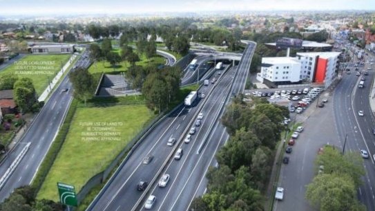 An artist’s impression of the modified Concord Road intersection, looking east across the portal entry and exit ramps. 