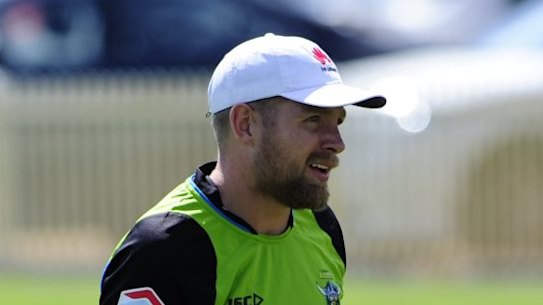 Canberra Raiders five-eighth Blake Austin during training on Tuesday. Austin has been named on the bench for the round-one game against the Penrith Panthers on Saturday.
