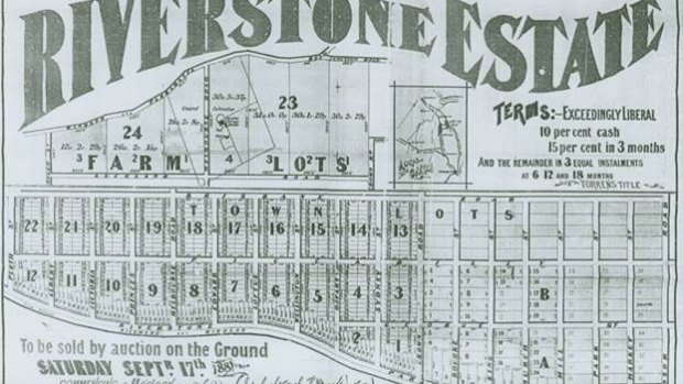 An advertisement from the 1880s noting the auction of lots in the Riverstone subdivision.
