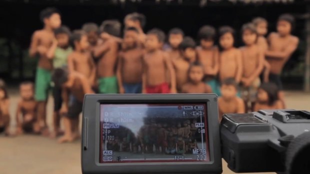 Yanomami children gather for a video shoot.