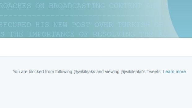 A screengrab of the message the author receives when trying to view or follow Wikileaks on Twitter.