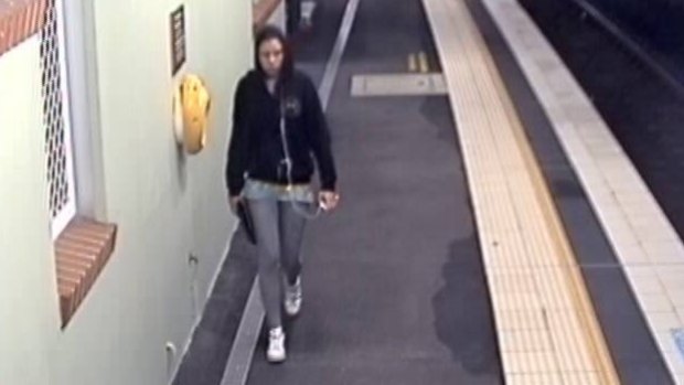 CCTV footage shows Cassie Olczak on the platform at Waterfall railway station on Sunday night.
