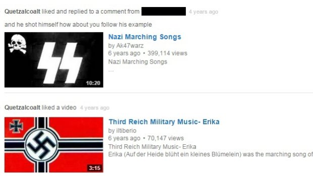Vincent Stanford 'liked' clips of Nazi marching songs and other Third Reich military music.