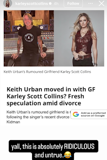 Singer Karley Scott Collins addresses rumours she's dating Keith Urban