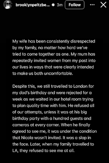 Brooklyn Beckham addresses family feud in new statement